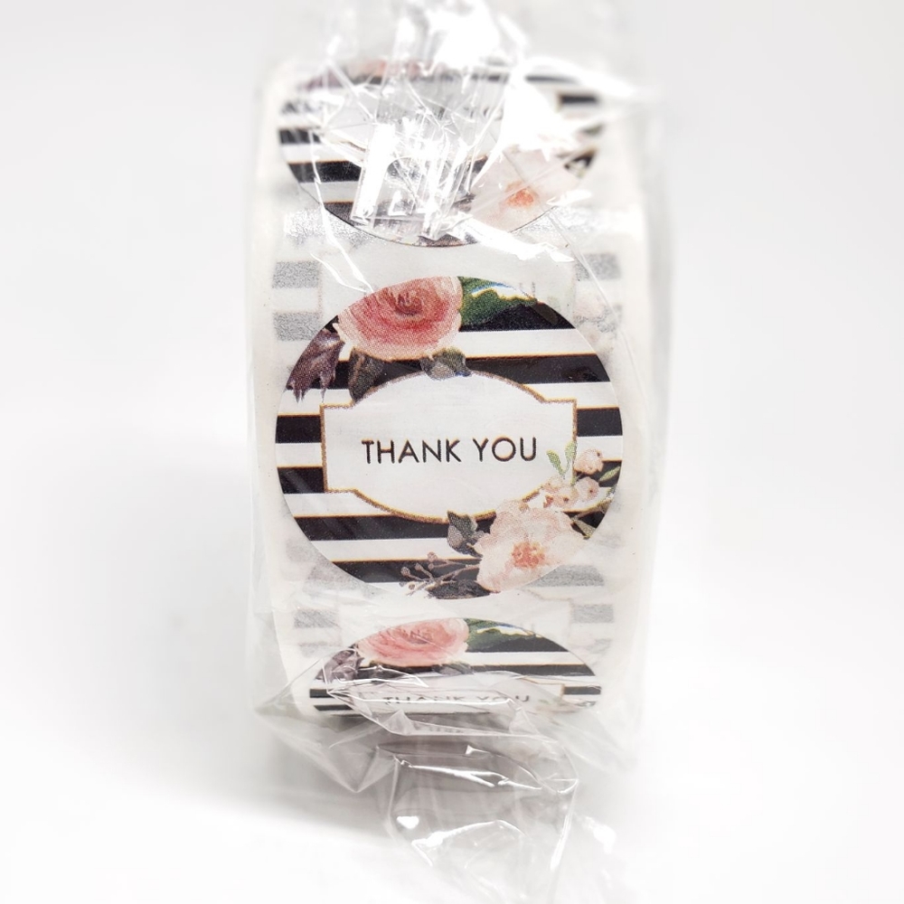 1 inch Round Black Striped Floral Thank You Sticker Roll (500 stickers)